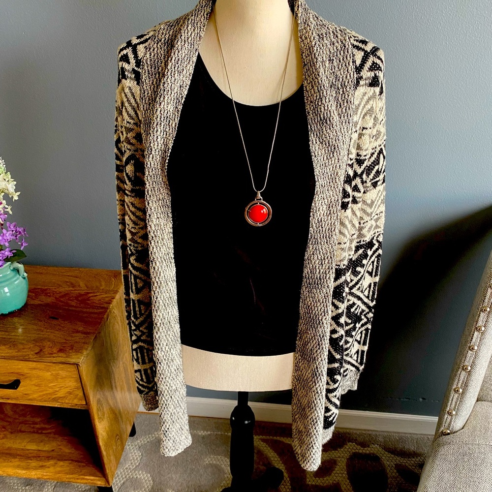Long black and white cardigan.